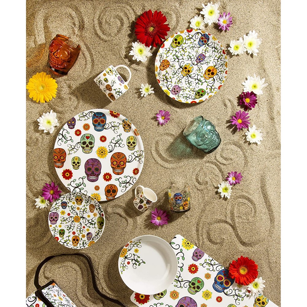 Servizio piatti e bicchieri Teschio Calavera porcellana decorata 24 pezzi Excelsa